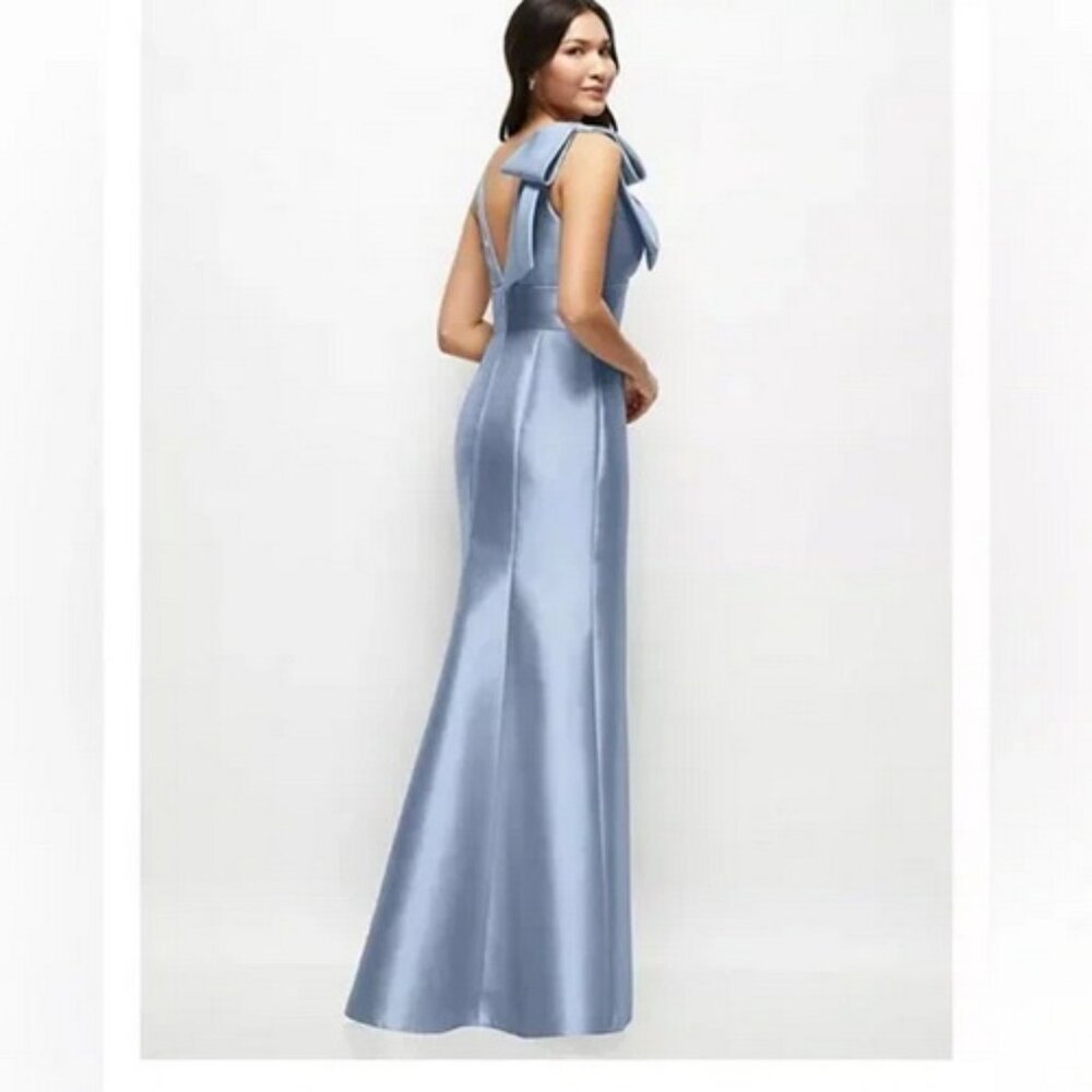 Alfred Sung Cloudy Blue Bow Sleeveless Satin Twill Gown Dress D863 - Picture 2 of 2